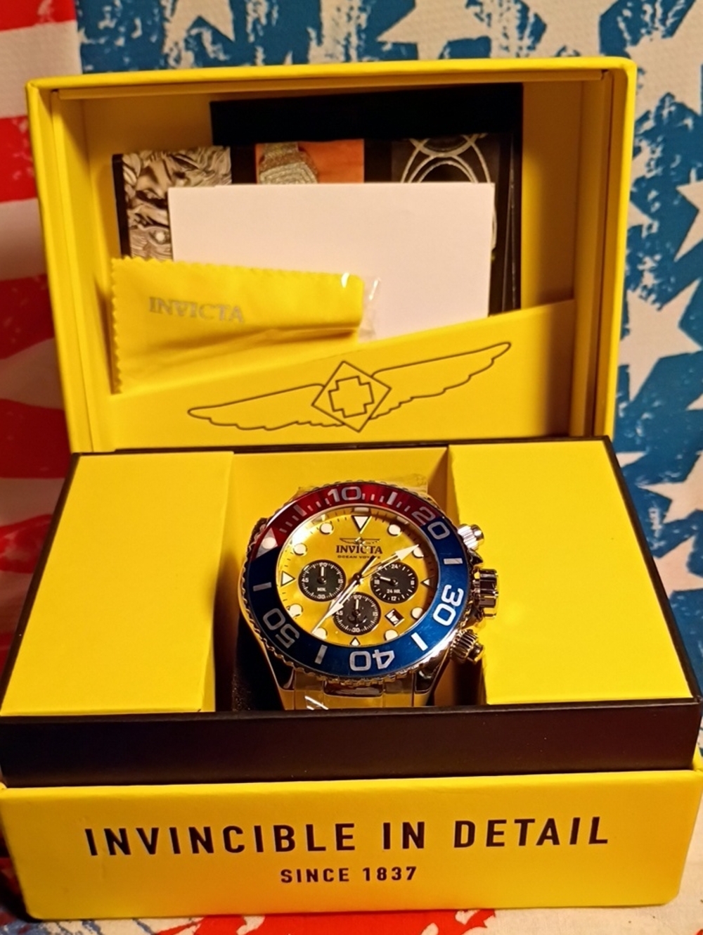 Invicta Pearl Yellow Dial Chronograph with Blue and Red Bezel 48596